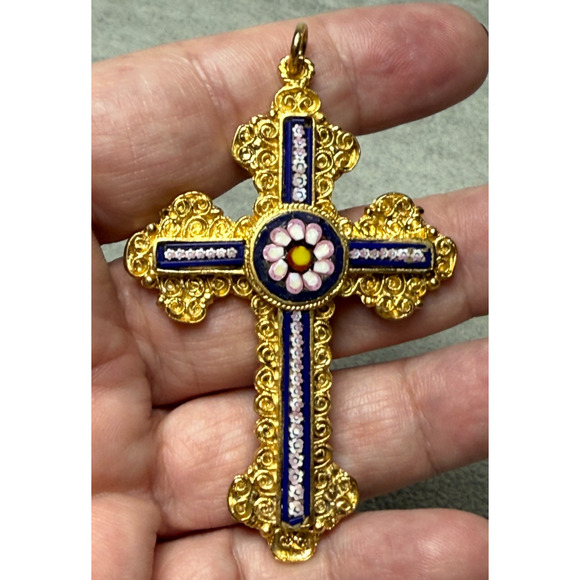 Vintage 3" Italy Micro Mosaic Cross Pendant Ornament Gold Tone Scrollwork Large - Picture 3 of 4